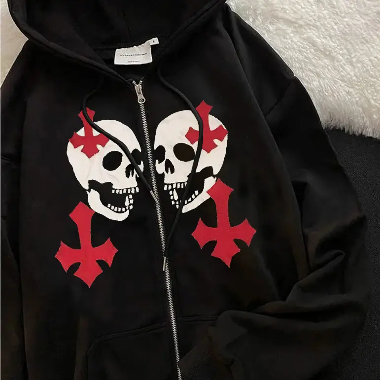 Women Skull Wings Hoodie Black Velvet Zipper