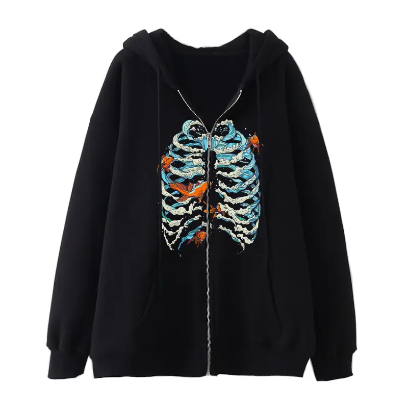 Women Skull Wings Hoodie Black Velvet Zipper
