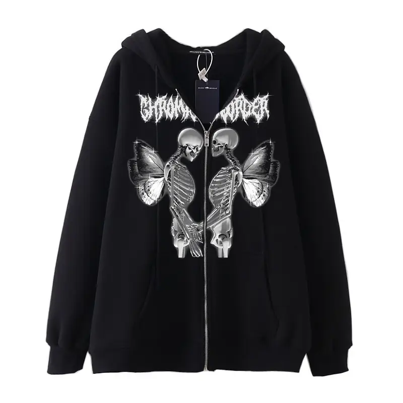 Women Skull Wings Hoodie Black Velvet Zipper