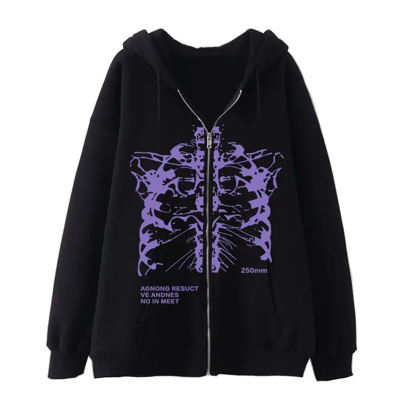 Women Skull Wings Hoodie Black Velvet Zipper