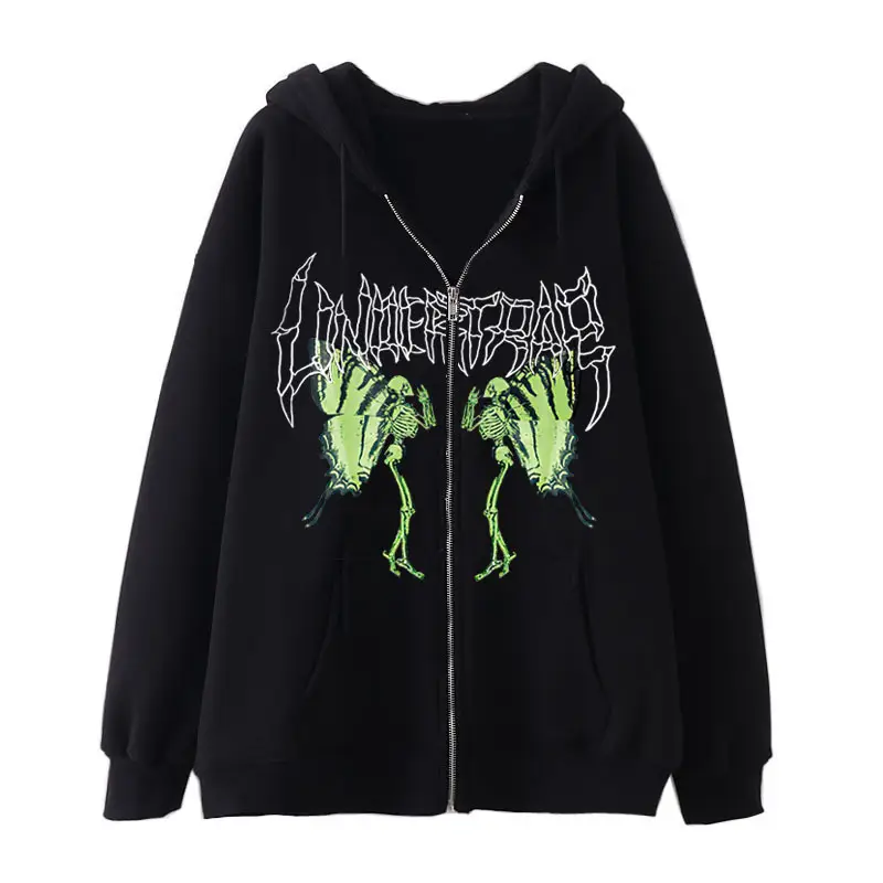 Women Skull Wings Hoodie Black Velvet Zipper