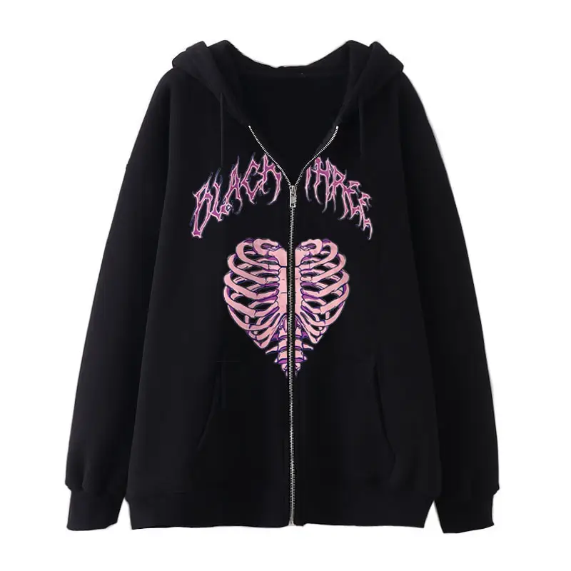 Women Skull Wings Hoodie Black Velvet Zipper