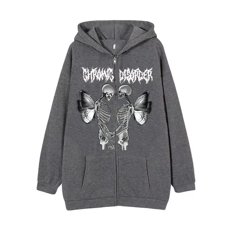 Women Skull Wings Hoodie Black Velvet Zipper
