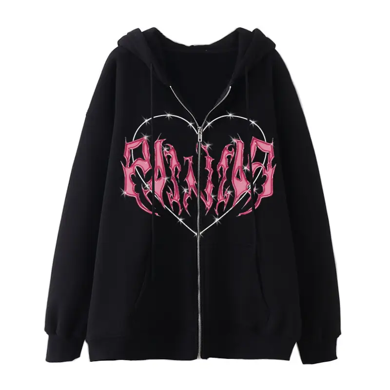 Women Skull Wings Hoodie Black Velvet Zipper