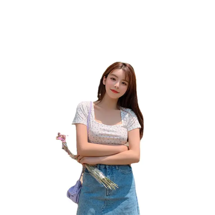 Women Blue Floral Square Neck T-Shirt 2025 Summer Slim Fit - Image 6