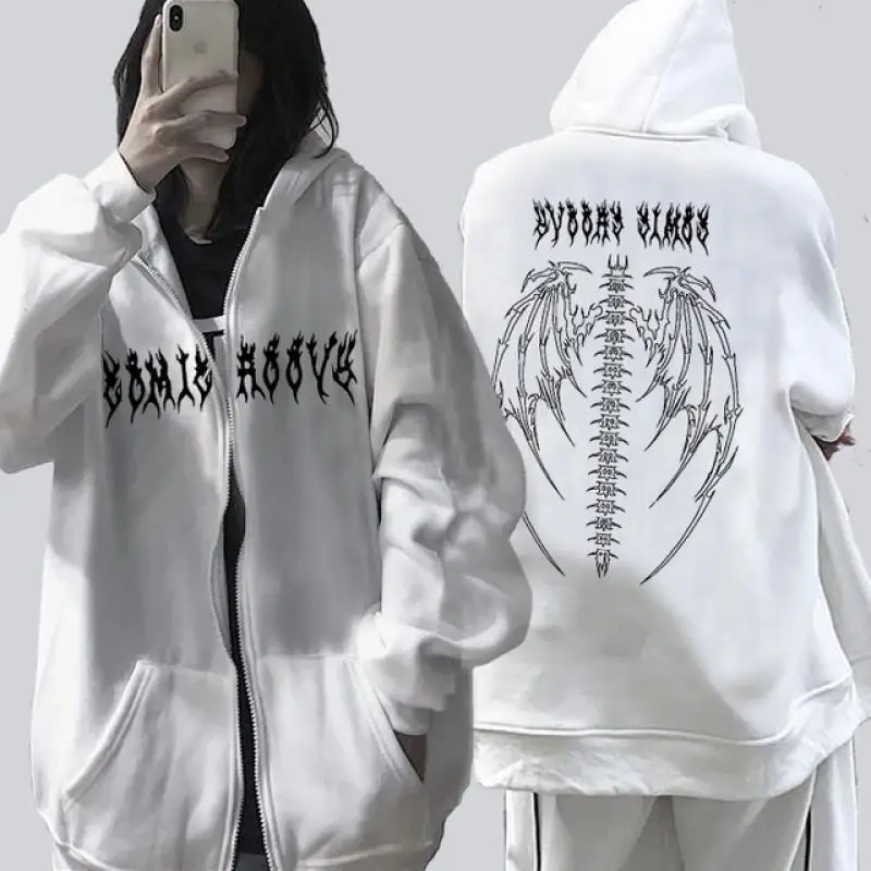 Men's White Fishbone Back Hooded Zipper Jacket - Image 7
