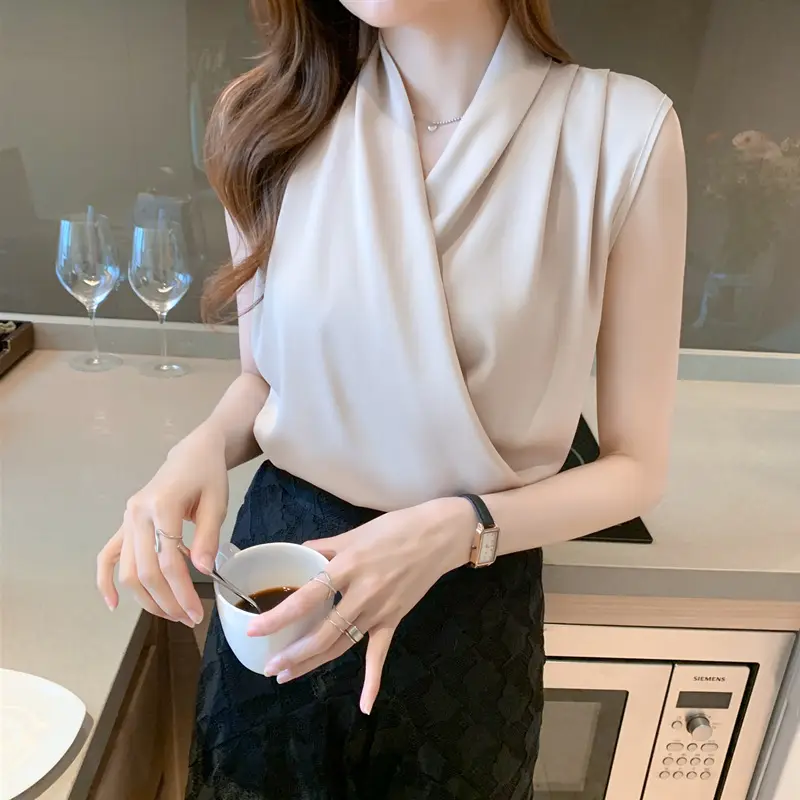2022 Summer V-Neck Satin Sleeveless Top Women - Image 7