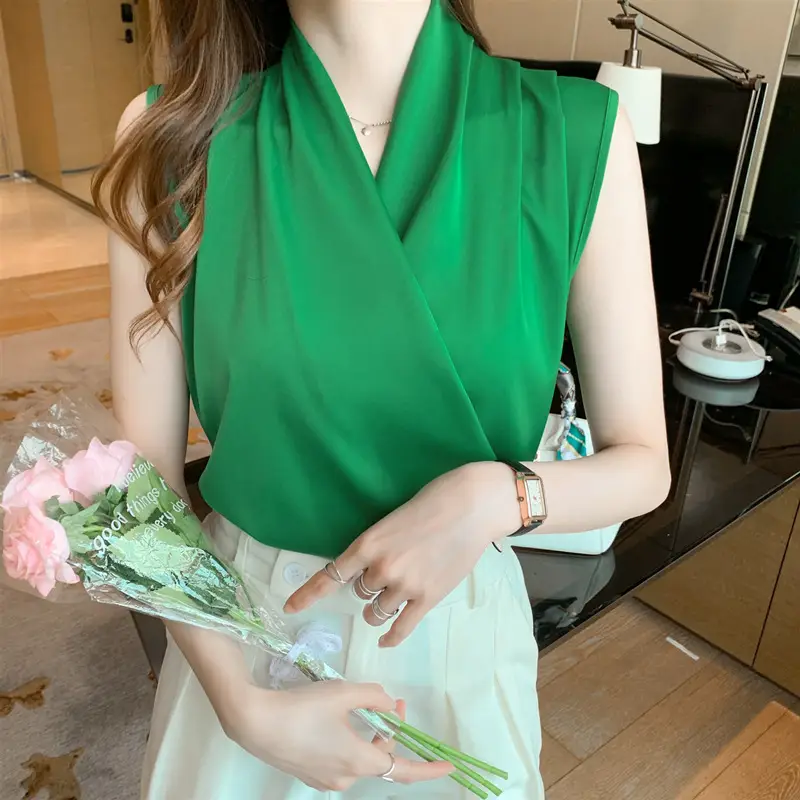 2022 Summer V-Neck Satin Sleeveless Top Women - Image 8