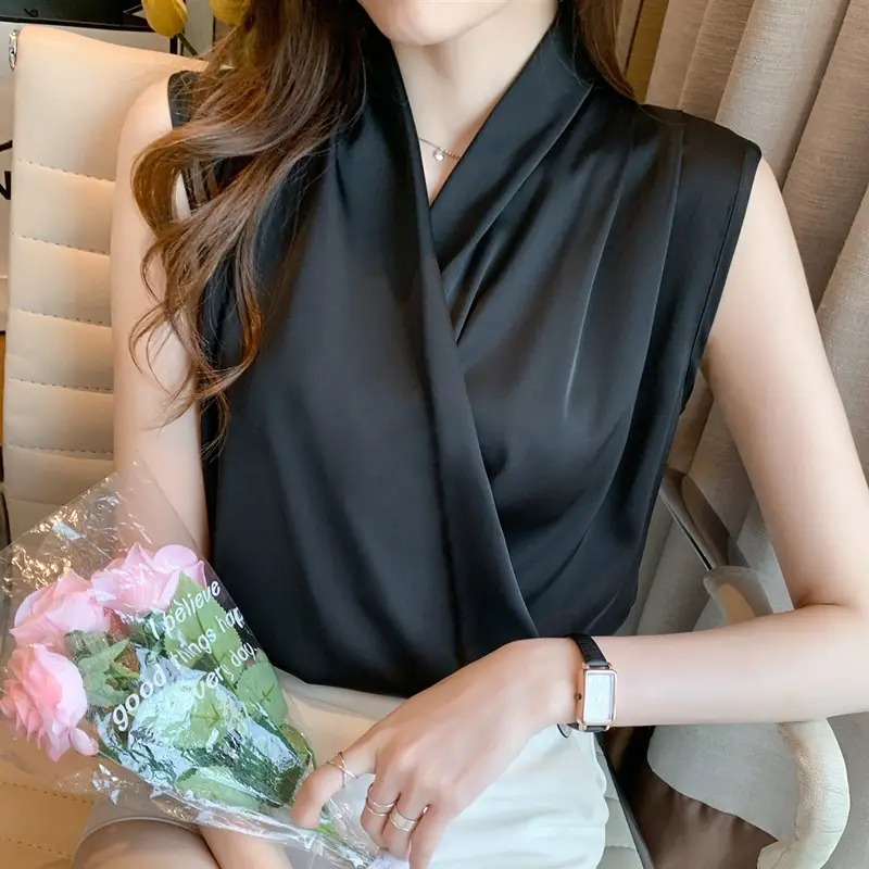 2022 Summer V-Neck Satin Sleeveless Top Women - Image 2