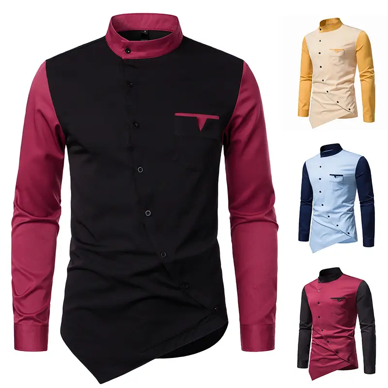Men Long Sleeve Button Shirt Blue Black White Pink Black