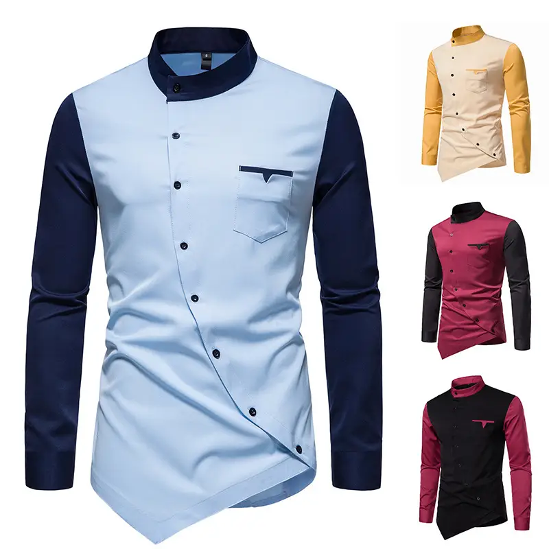 Men Long Sleeve Button Shirt Blue Black White Pink Black