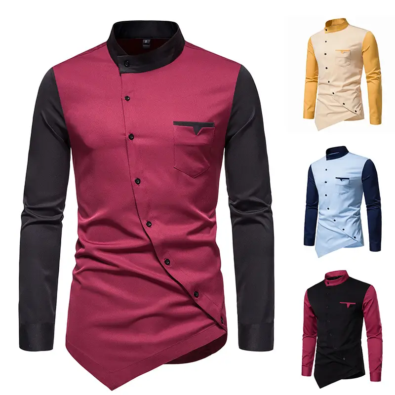 Men Long Sleeve Button Shirt Blue Black White Pink Black