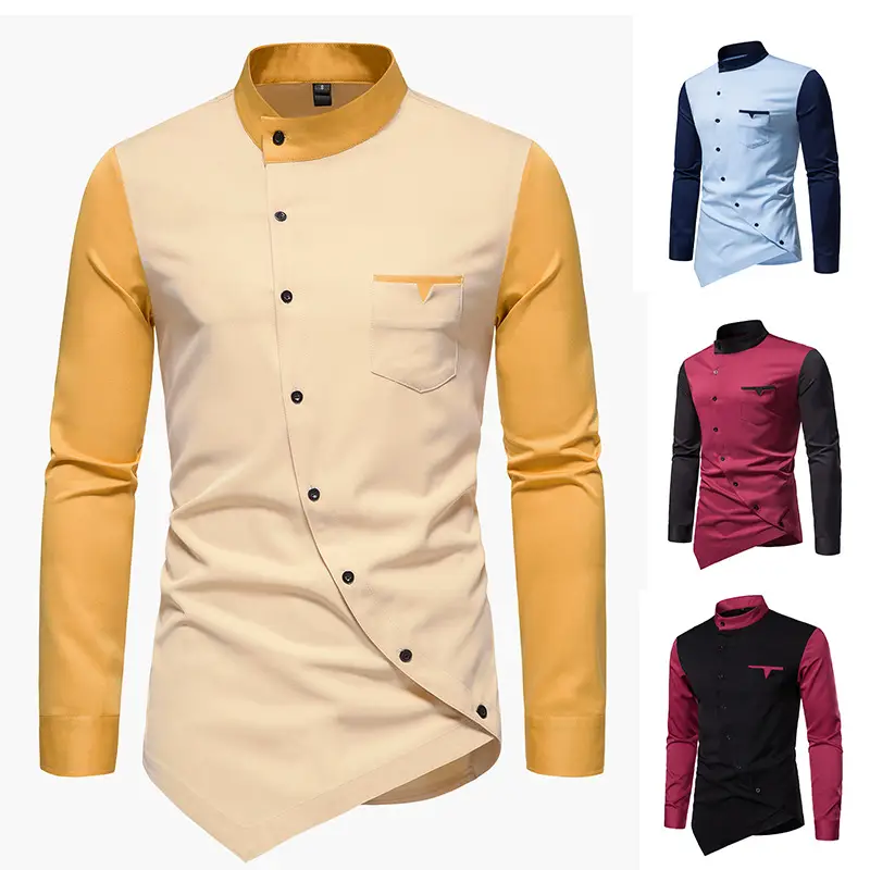 Men Long Sleeve Button Shirt Blue Black White Pink Black