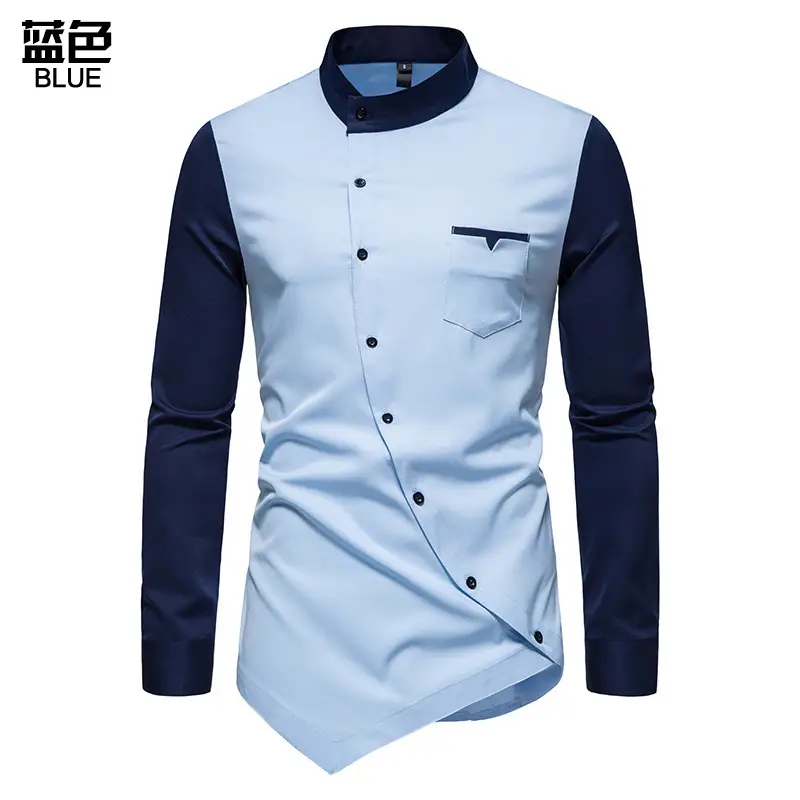 Men Long Sleeve Button Shirt Blue Black White Pink Black