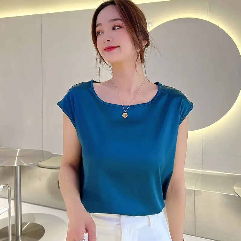 Women's Sleeveless Satin T-Shirt Blue Round Neck Casual - Image 5