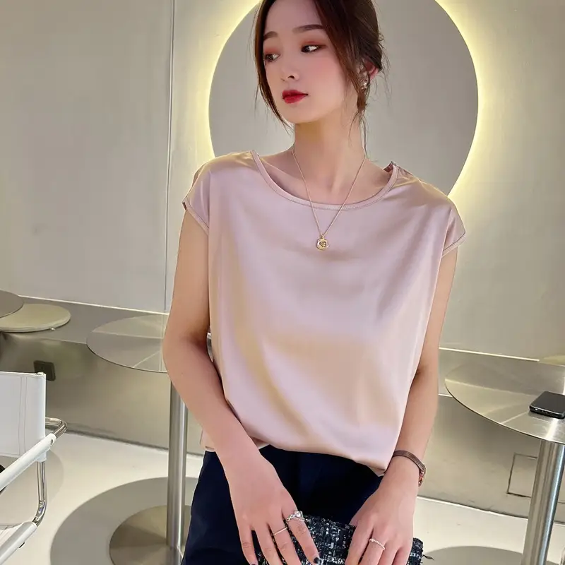 Women's Sleeveless Satin T-Shirt Blue Round Neck Casual - Image 7