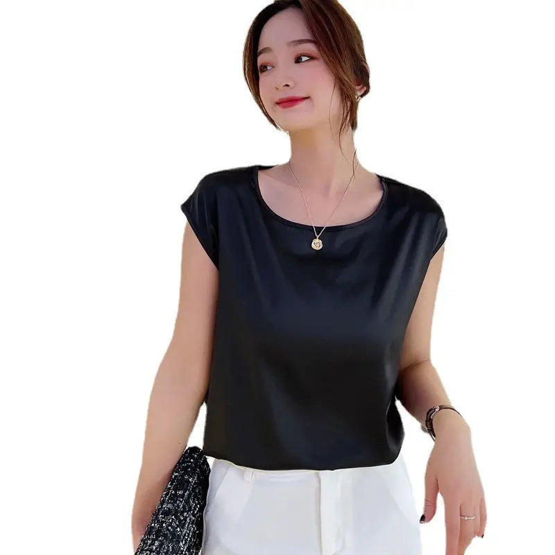 Women's Sleeveless Satin T-Shirt Blue Round Neck Casual - Image 9