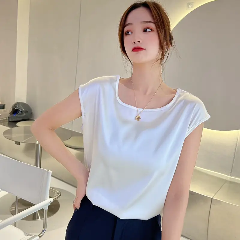 Women's Sleeveless Satin T-Shirt Blue Round Neck Casual - Image 2