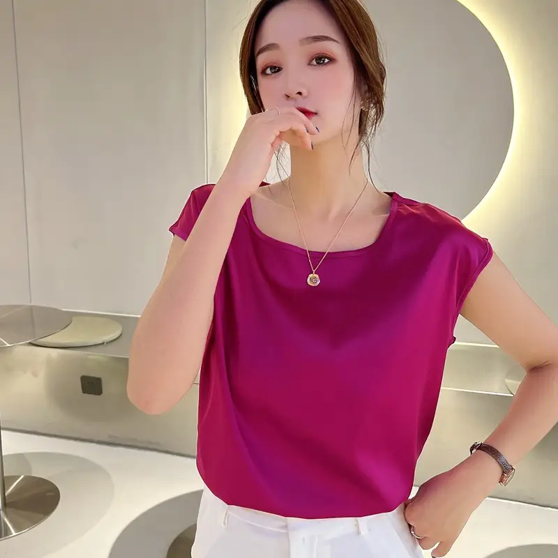 Women's Sleeveless Satin T-Shirt Blue Round Neck Casual - Image 4