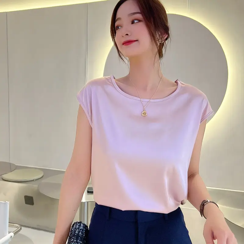 Women's Sleeveless Satin T-Shirt Blue Round Neck Casual - Image 6