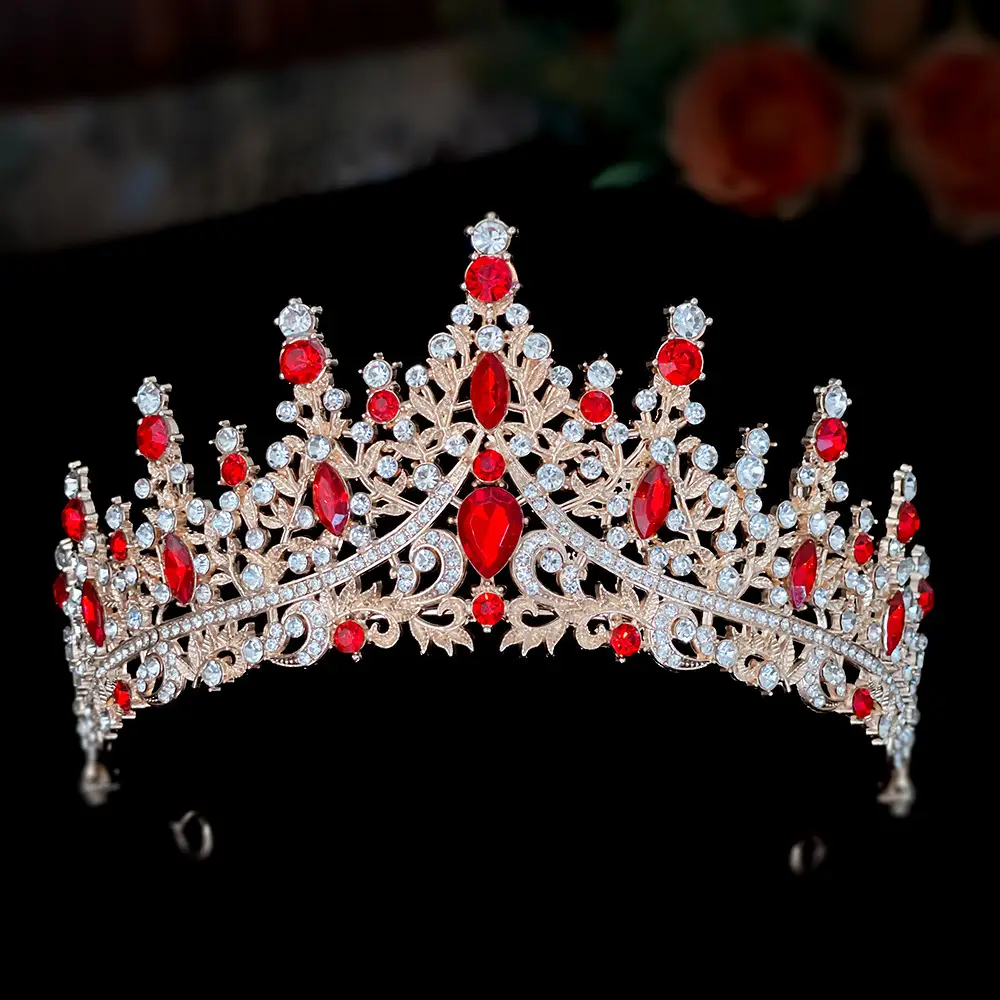 Luxury Red Rhinestone Wedding Crown for Bride