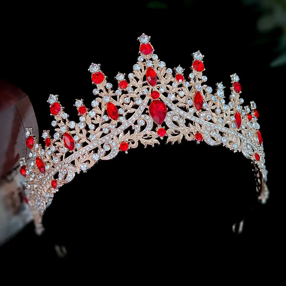 Luxury Red Rhinestone Wedding Crown for Bride