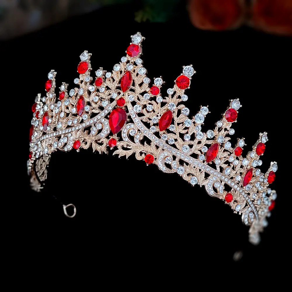 Luxury Red Rhinestone Wedding Crown for Bride