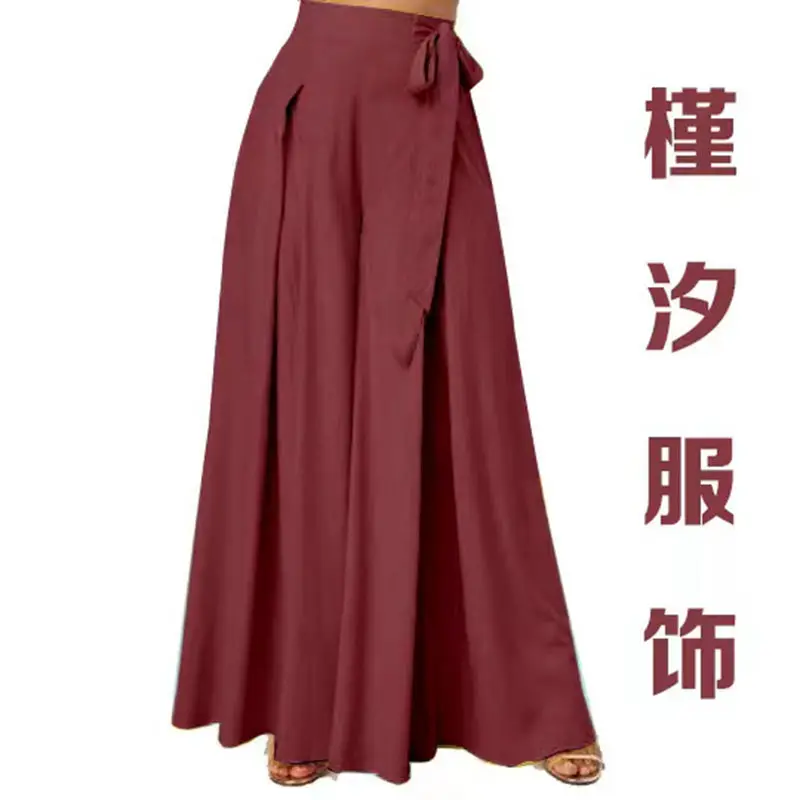 Women's High-Waisted Wide-Leg Pants Maroon Lace-Up Large - Image 3