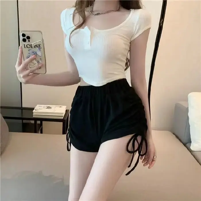 Women High Waist Slimming Drawstring Shorts Black - Image 2