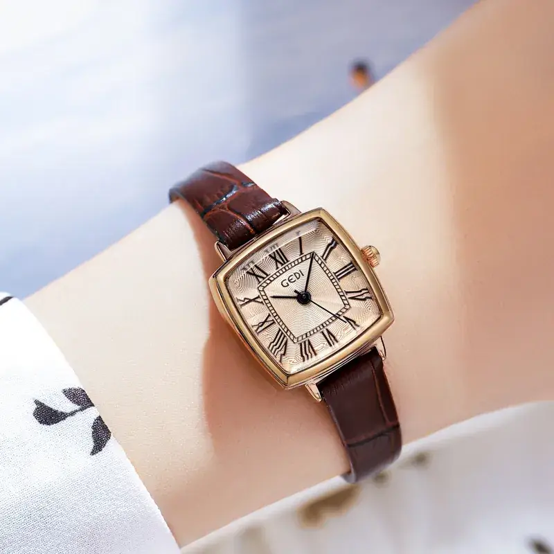 Women's Gold Roman Dial Waterproof Quartz Watch with Brown Strap - Image 5
