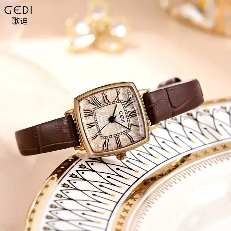 Women's Gold Roman Dial Waterproof Quartz Watch with Brown Strap - Image 6