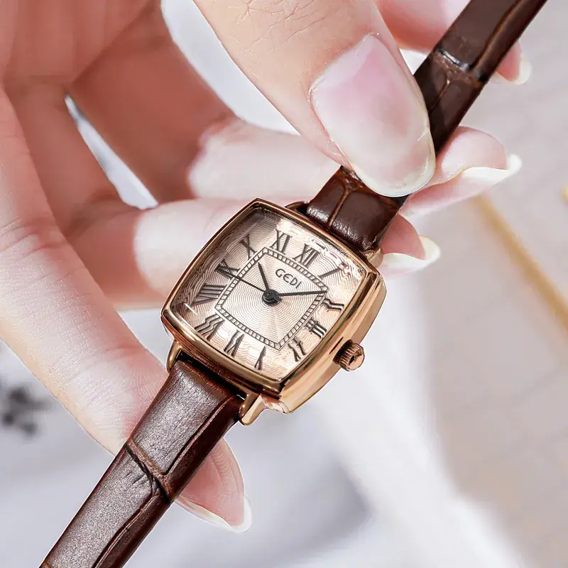 Women's Gold Roman Dial Waterproof Quartz Watch with Brown Strap - Image 7
