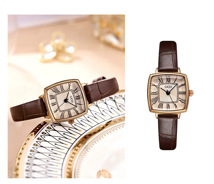 Women's Gold Roman Dial Waterproof Quartz Watch with Brown Strap — feature 2