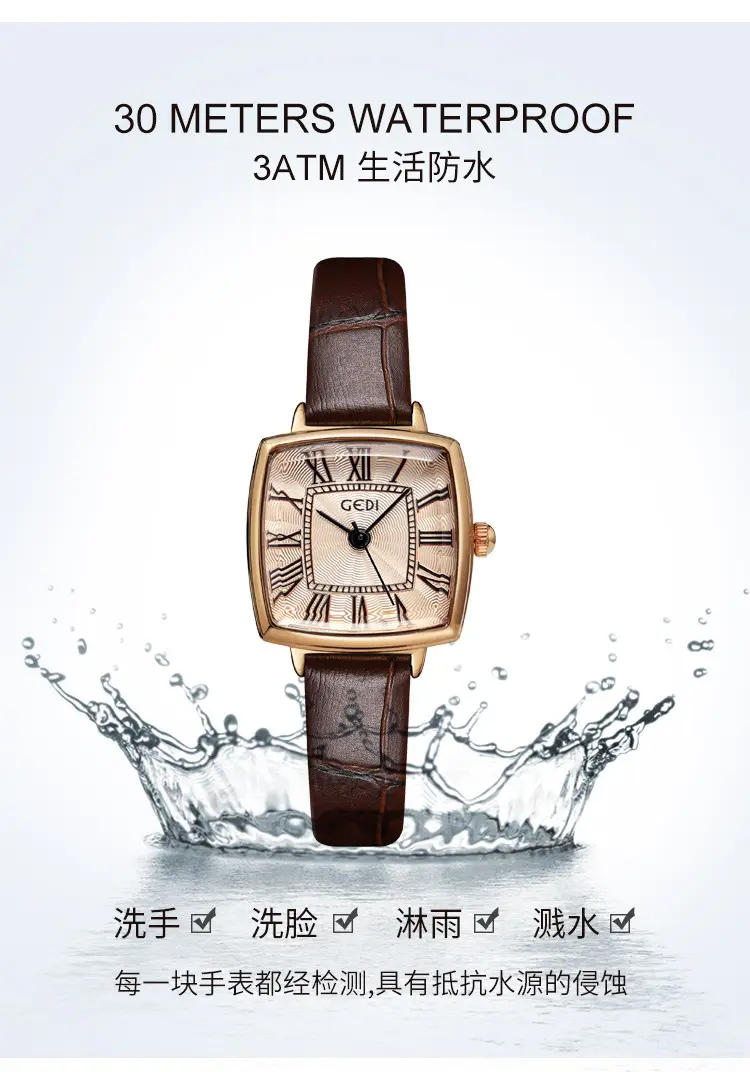Women's Gold Roman Dial Waterproof Quartz Watch with Brown Strap — feature 8