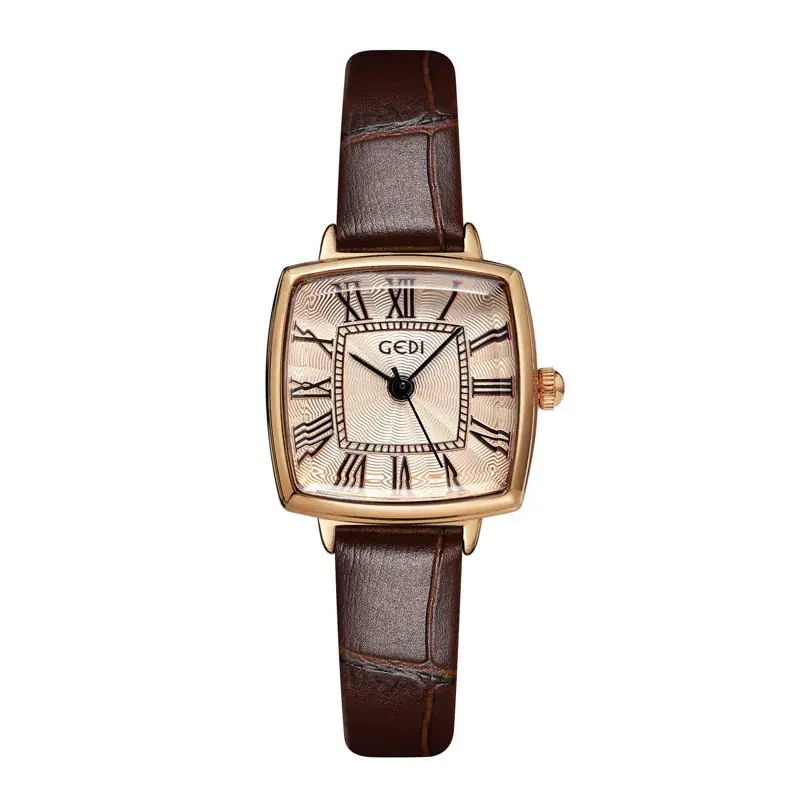 Women's Gold Roman Dial Waterproof Quartz Watch with Brown Strap - Image 2