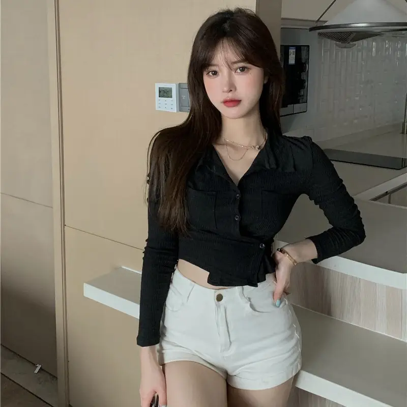 Women Black Knitted Cardigan Top White Shorts Set - Image 6