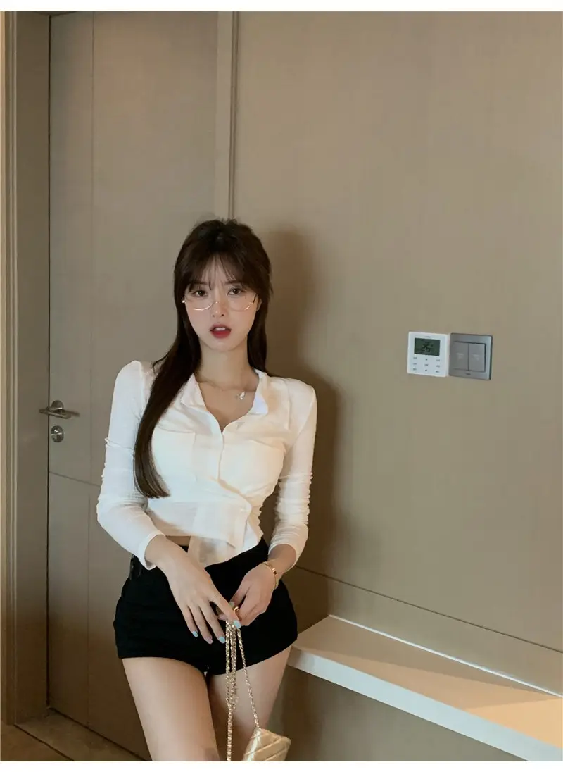 Women Black Knitted Cardigan Top White Shorts Set — feature 13