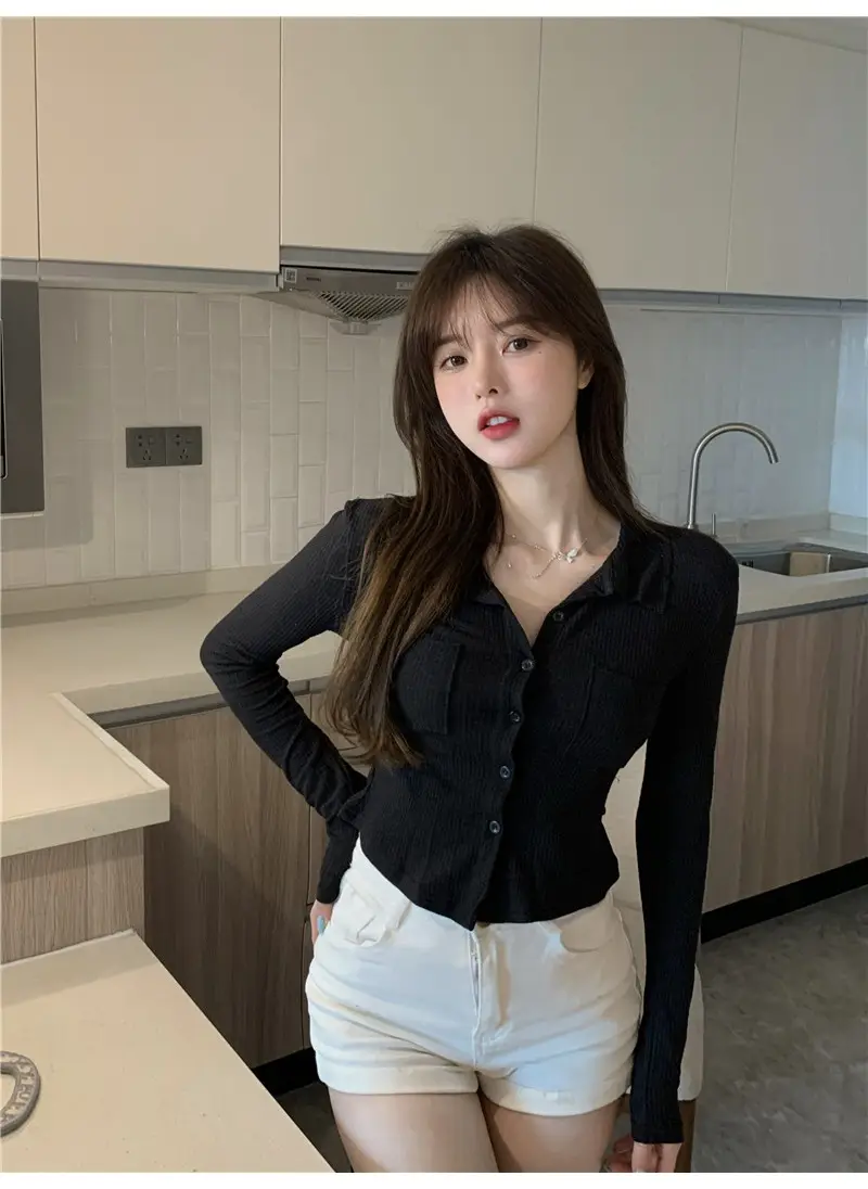 Women Black Knitted Cardigan Top White Shorts Set — feature 24
