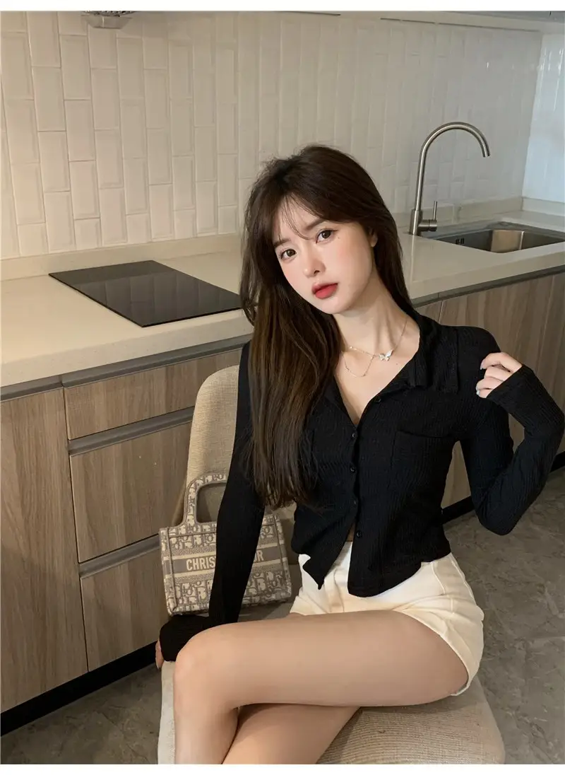 Women Black Knitted Cardigan Top White Shorts Set — feature 26