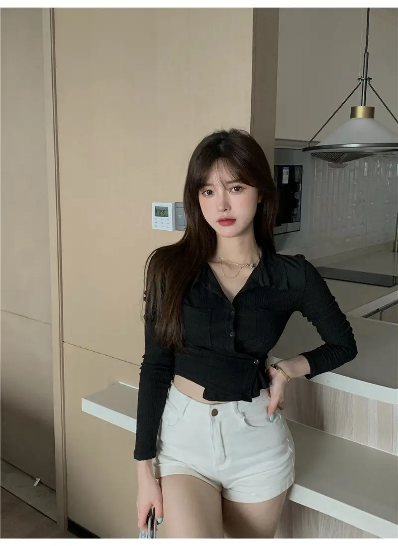 Women Black Knitted Cardigan Top White Shorts Set — feature 29