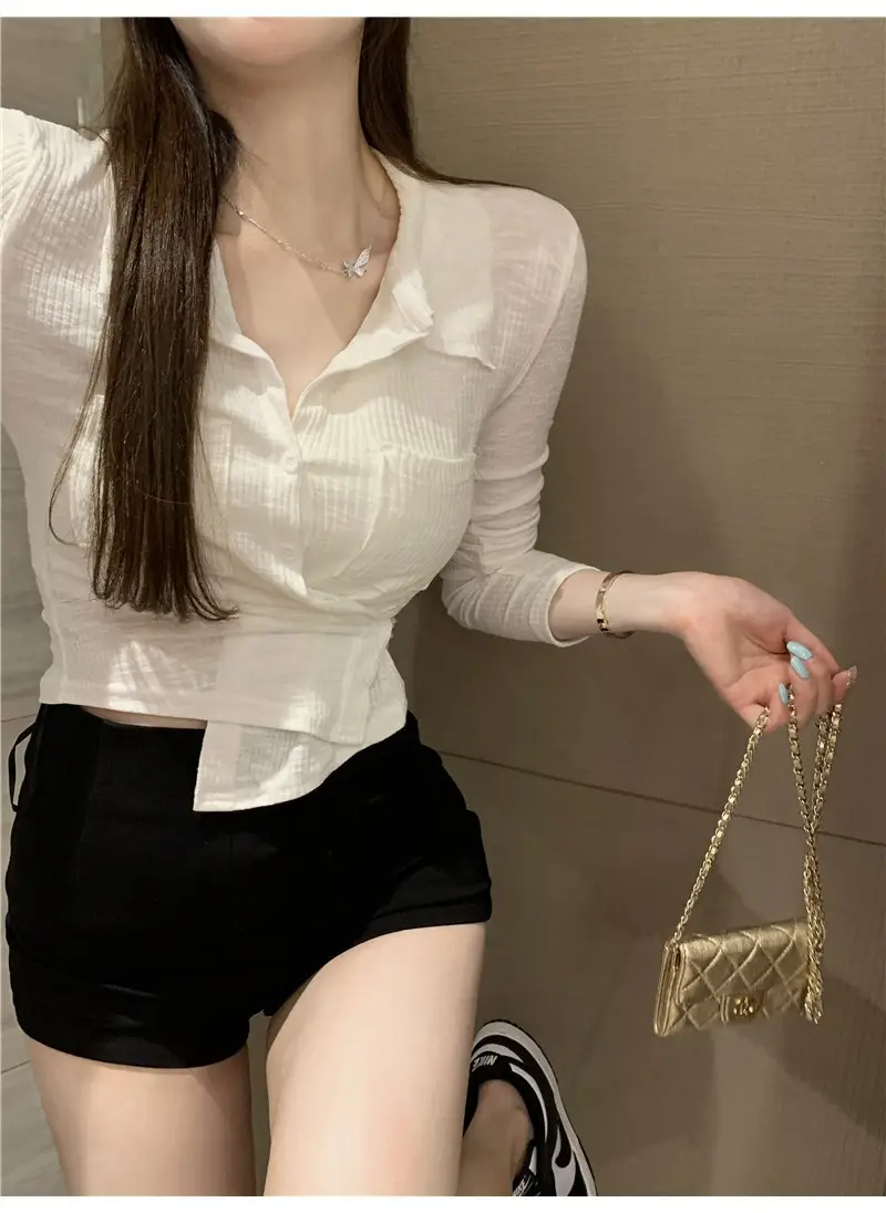 Women Black Knitted Cardigan Top White Shorts Set — feature 3