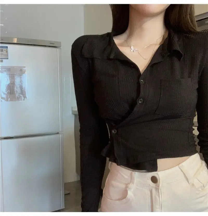 Women Black Knitted Cardigan Top White Shorts Set — feature 31