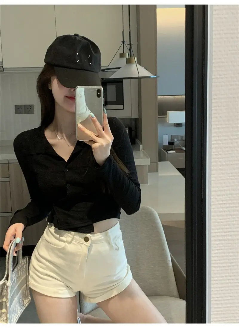 Women Black Knitted Cardigan Top White Shorts Set — feature 32
