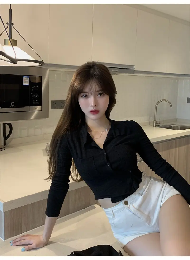 Women Black Knitted Cardigan Top White Shorts Set — feature 34