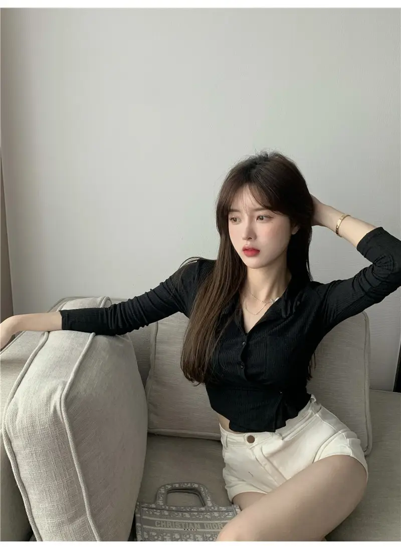 Women Black Knitted Cardigan Top White Shorts Set — feature 35