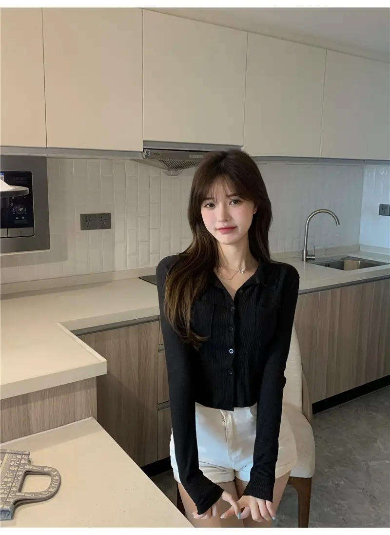 Women Black Knitted Cardigan Top White Shorts Set — feature 36