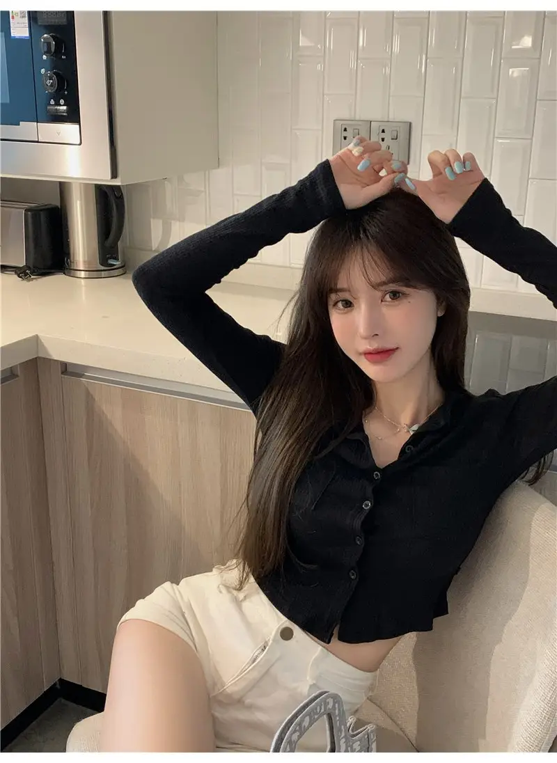 Women Black Knitted Cardigan Top White Shorts Set — feature 37