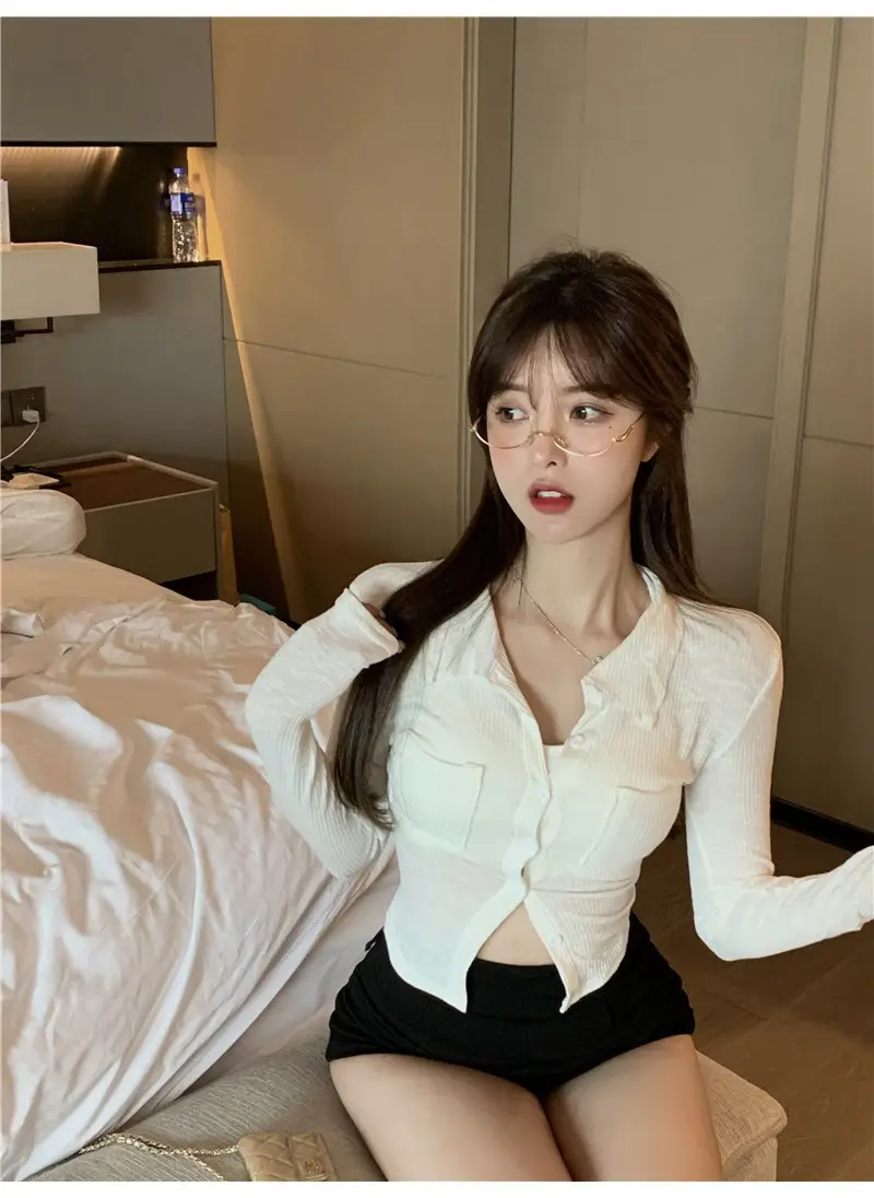 Women Black Knitted Cardigan Top White Shorts Set — feature 7