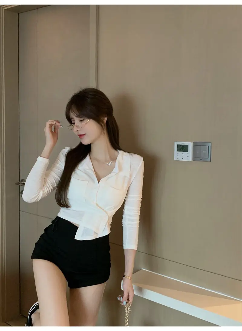 Women Black Knitted Cardigan Top White Shorts Set — feature 9