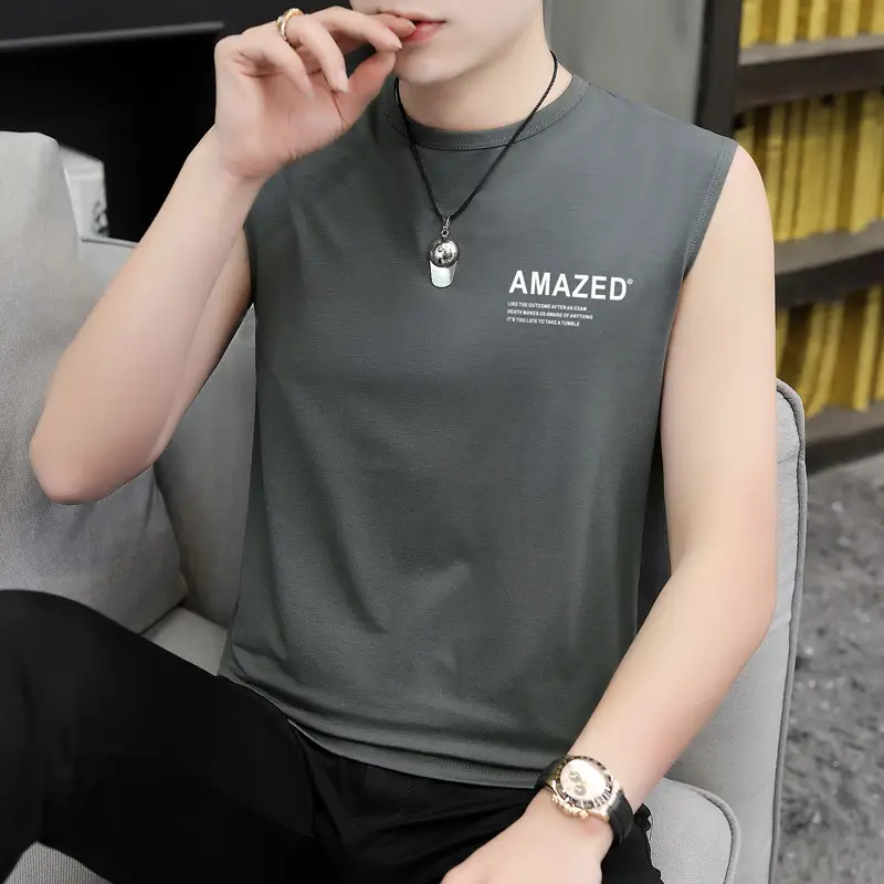 Men Sleeveless Vest Gray Ice Silk Summer Wear - Image 26